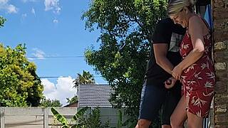 Outdoor quickie got caught by a neighbour looking over the wall