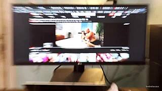 Hot chick watches porn while getting pounded hard