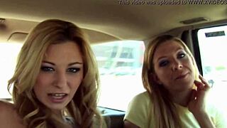 Two girls give blowjob in threesome, face fucking and blowbang action.