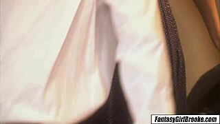 brooke banner is the perfect housewife cooking and cleaning in the kitchen with stockings and lingerie.