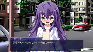 Public pervert toys with bound anime girl outdoors