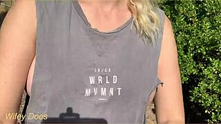 my wife dared to wear a ripped shirt in public, flashing her big tits outdoors 😜