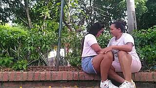 These colombian lesbians are licking ass and pussy outdoors in the park