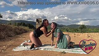 angelina takes care of naughty khala in outdoor threesome