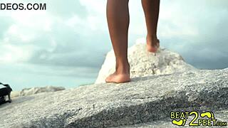 Teen brunette struts high heels and sucks toes at the park