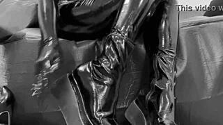 Fetish Model in Boots High Heels Latex Gloves Shiny Leggings Ass Worship