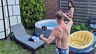 What happens backstage when a beautiful babe teases with anal masturbation and clothes ripping outdoors?