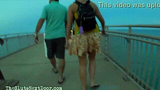 Cougar Flashes Tits For Double Handjob On Beach