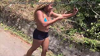Nina Rivera gives sloppy blowjob to Don Whoe by the river, outdoor HD.