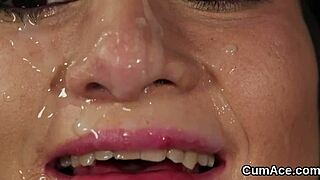 Unusual model gets cumshot on her face sucking all the cream, join the blowbang?