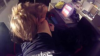 Surprise cumshot in mouth during blowjob.