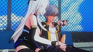 i dominate in cowgirl position, riding hard and squirting in this anime hentai scene with handjob.