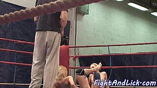 european babe wrestles then fingers shaved pussy in lesbian fight