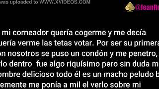 A middle aged man with a beard has sex with me in front of my husband who is a cuckold.