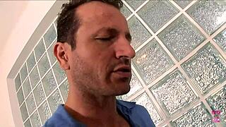 Naughty maid in stockings gets facial from three guys