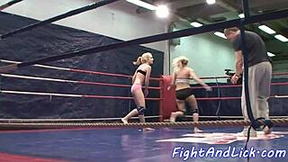 european babe wrestles then fingers shaved pussy in lesbian fight