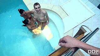 Kari, Mea Melone, and Victoria Daniels deepthroat in passionate blowjob orgy, making him squirt with joy