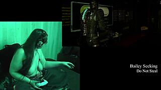 Naked brunette plays Deadspace, showcasing her big natural tits in part eight.