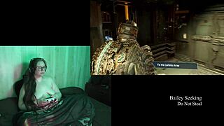 Naked brunette plays Deadspace, showcasing her big natural tits in part eight.