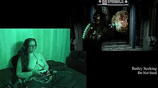 Naked brunette plays Deadspace, showcasing her big natural tits in part eight.