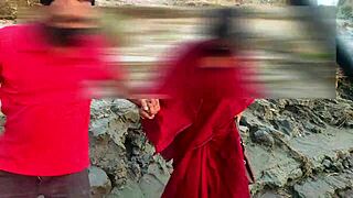 watch this bengali girl in red saree having outdoor sex with her bisexual couple