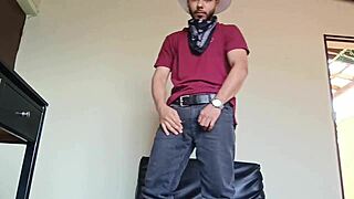 young man with hat and jeans strips naked and cums very hot