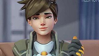 Tracer swallows cum in this cartoon scene.