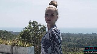 Blonde Thera Jane boldly undresses outdoors, exposing her shaved body intensely