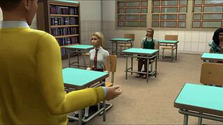 Teacher licks student's pussy in class.