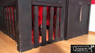 Queen dominatrix frida cage locks submissive in chastity