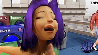 i'm watching two busty lesbians use double dildo in public store