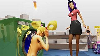 i'm watching two busty lesbians use double dildo in public store