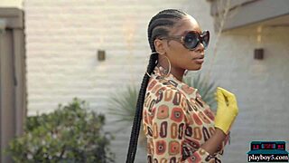 ebony model nyla strips and shows huge natural tits