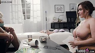 Huge tits milf maid Natasha Nice cleans the house. Does she get horny with the couple?