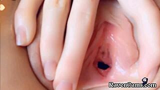 This cute teen 18+ is rubbing her shaved pussy until she squirts.