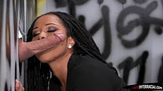 Petite ebony milf gives gloryhole blowjob!