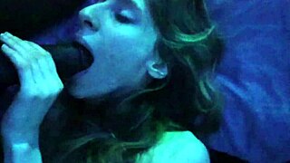 Skinny brunette enjoys big black cock and swallows