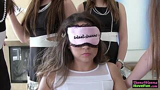 Teenage lesbians participate in group fingering at blindfolded party