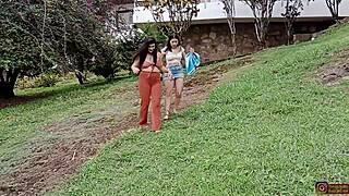 horny lesbians fuck their perfect pussies outdoors