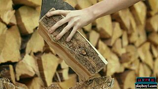 Tiny Teen Kate Great Strips Naked Outdoors Chopping Wood 😲