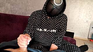 Fat bbw milf wife jerks member's dick in homemade squid game, cum on natural tits