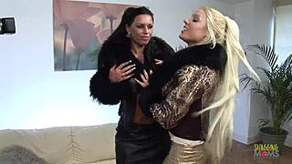 Two hot milfs kiss passionately, then get pounded by big-dicked guys.