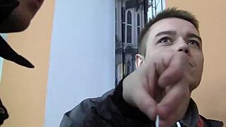 blonde cutie blows and fucks in public threesome for cash