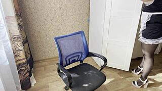 Young maid with big tits fingers her pussy while chatting.