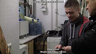 blonde cutie blows and fucks in public threesome for cash