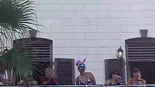 exhibitionist wife flashes pussy at fantasy fest 😍 crowd loves it