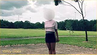 Braless milf flashes hairless pussy in miniskirt during outdoor basketball game