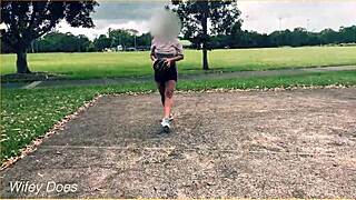 Braless milf flashes hairless pussy in miniskirt during outdoor basketball game