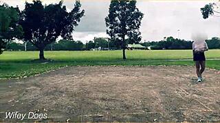 Braless milf flashes hairless pussy in miniskirt during outdoor basketball game