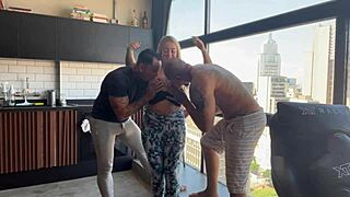 Two Guys Fuck Blonde Student's Pink Pussy In Gym